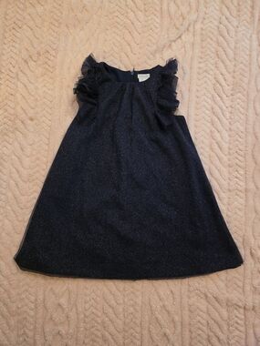 Tahari Navy Sparkle Ruffle Shoulder Dress